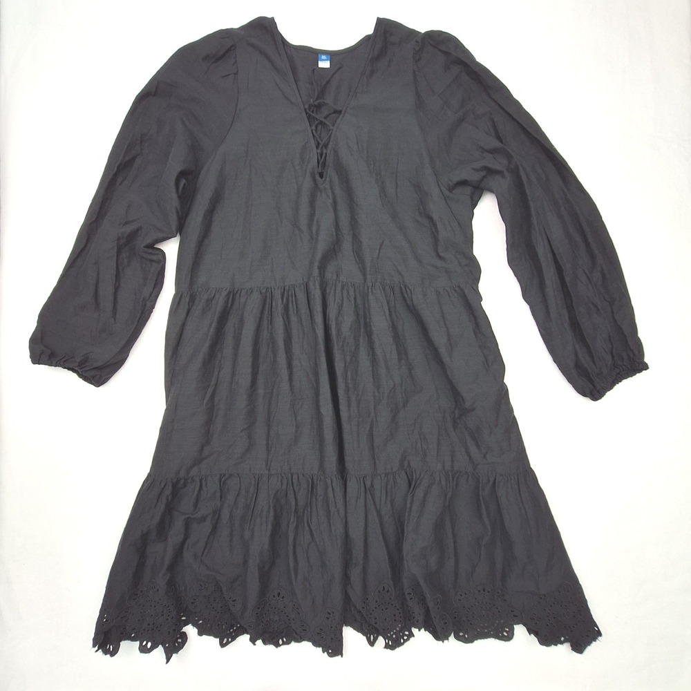 Old Navy Tiered Dress Womens XXL Tall Black Lace Up Eyelet Hem Boho Witchy